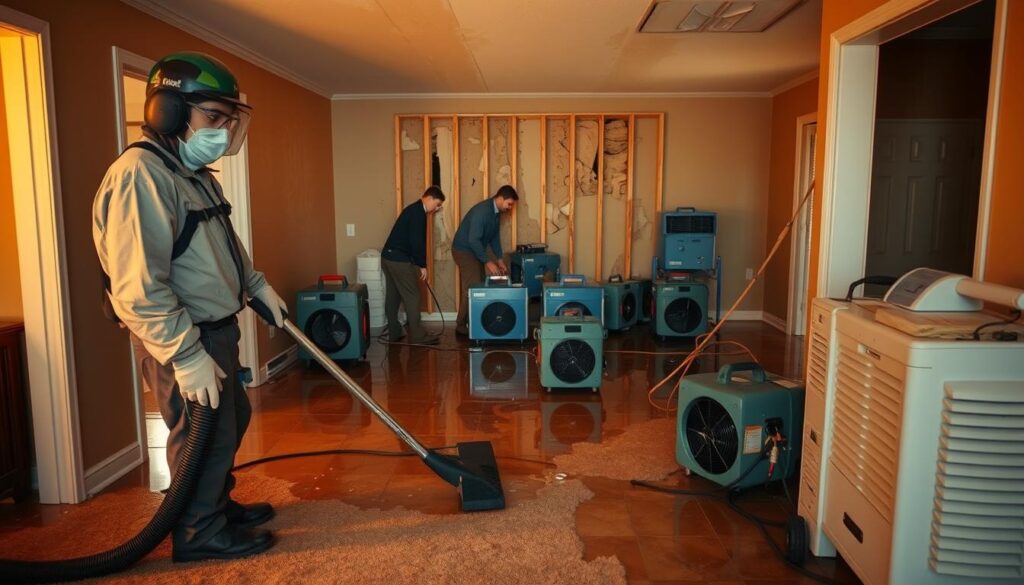 A professional water damage restoration team diligently working in a flooded residential property. In the foreground, a worker in full protective gear is using a high-powered wet/dry vacuum to extract water from the saturated carpeting. In the middle ground, another technician is carefully removing damaged drywall, exposing the wall framing. In the background, industrial dehumidifiers and air movers are strategically placed to facilitate rapid drying. Warm, golden lighting casts a sense of urgency and professionalism, as the team works efficiently to mitigate further water damage and restore the home to its pre-loss condition.