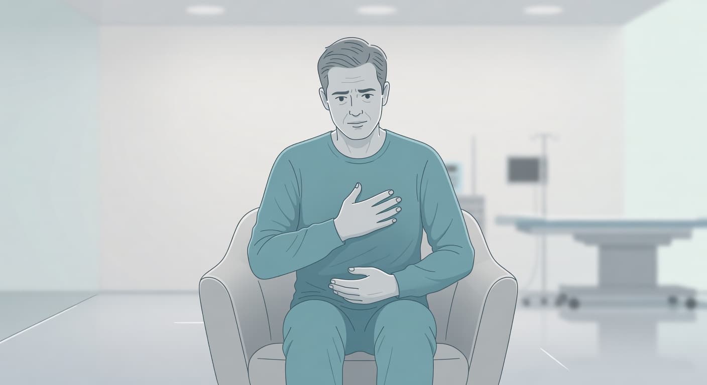 A person sits in a professional clinical chair, resting one hand on their chest and another on their abdomen. The muted color palette emphasizes their visible fatigue and quiet physical discomfort.