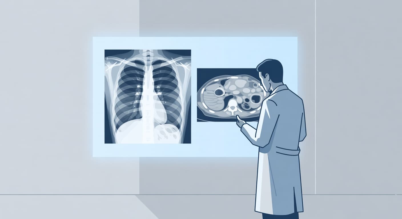 A physician in a clinical setting examines a digital monitor showcasing stylized chest X-ray and CT scan imagery. The minimalist composition utilizes a palette of soft blues and professional grey tones.