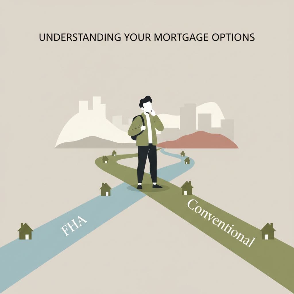 A minimalist illustration shows a stylized home buyer standing before a fork in a path. Signs labeled FHA and Conventional Loan for First-Time Home Buyers