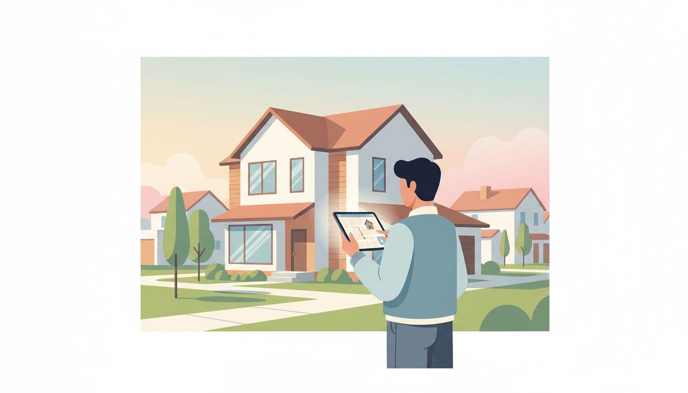 A person stands holding a digital tablet while observing a clean, modern suburban house. The architectural scene features soft daylight casting subtle shadows across the simplified shapes of the residential exterior.