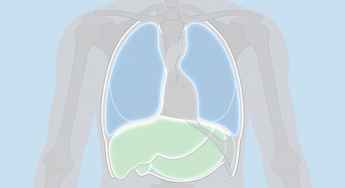 A flat-style medical cross-section reveals the human torso with soft-colored lines highlighting the protective lining around the lungs and abdomen. Clean, minimalist shapes clearly define the internal organ structure.
