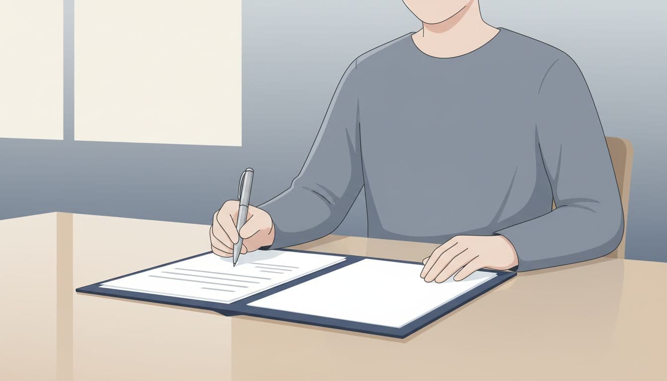 A stylized individual sits at a minimalist table holding a pen over an open folder. The clean, professional aesthetic illustrates a calm atmosphere suitable for finalizing important legal or business contracts.