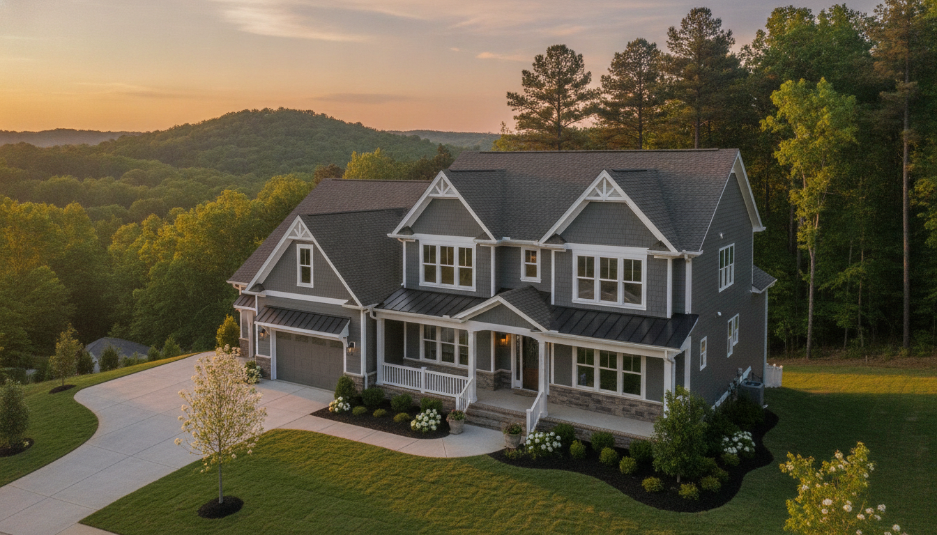 Newly built suburban home in the Carolinas at golden hour