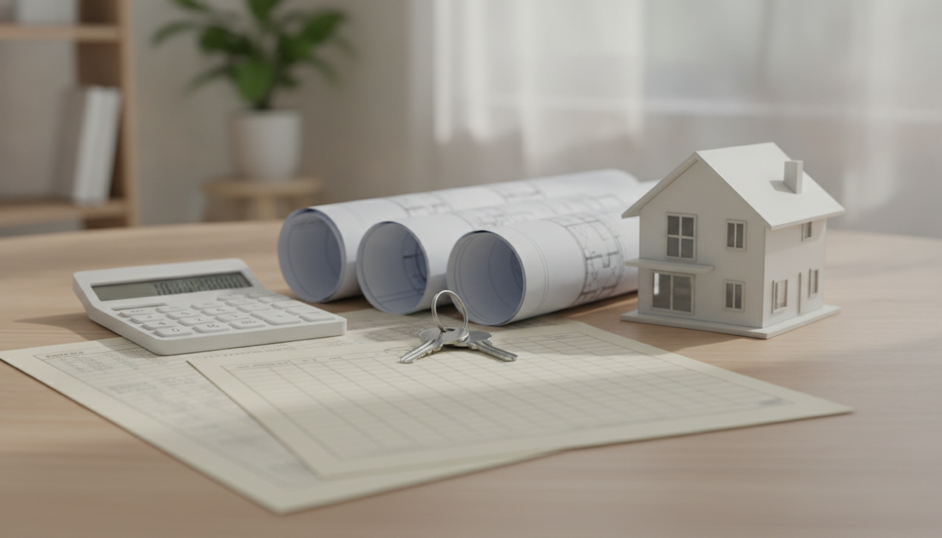 House keys and calculator beside a new-home budget plan