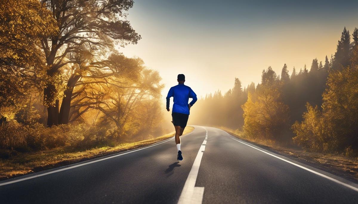 Image of a marathon runner passing a bankruptcy sign, symbolizing the journey to financial stability after bankruptcy for visually impaired users