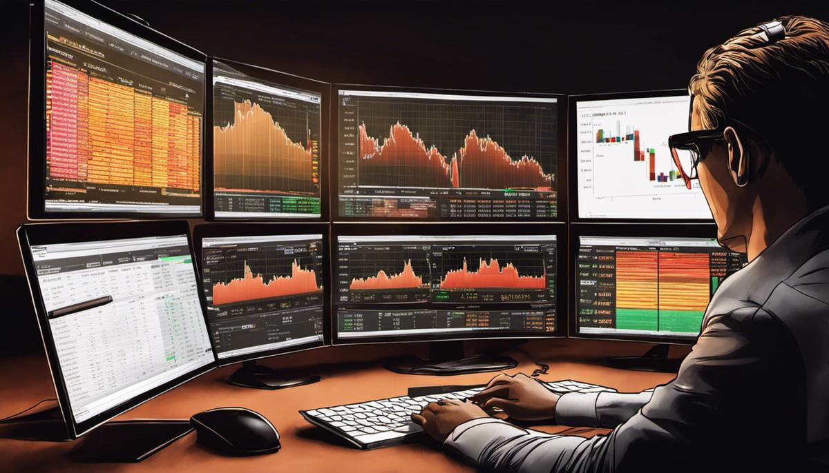 An image showing a person analyzing cryptocurrency investment charts through a computer screen