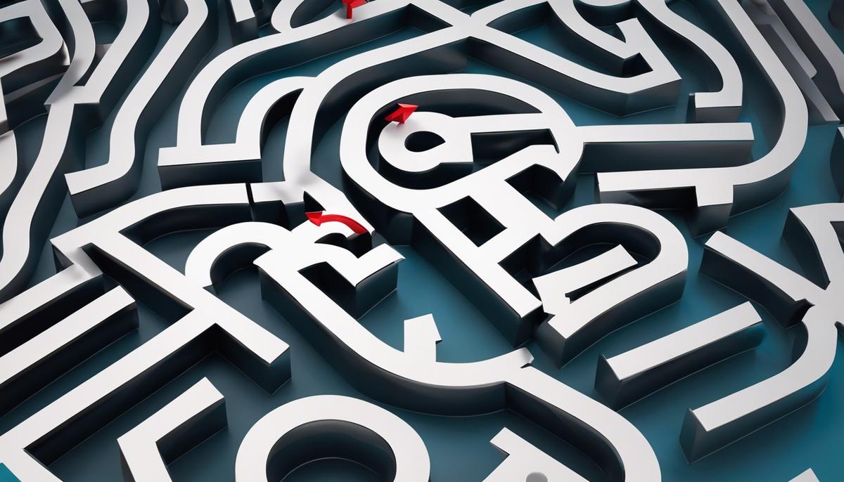 Image representing the concept of data compliance in marketing, showing a maze with arrows and question marks, symbolizing the complexity and challenges marketers face in navigating through data compliance regulations.
