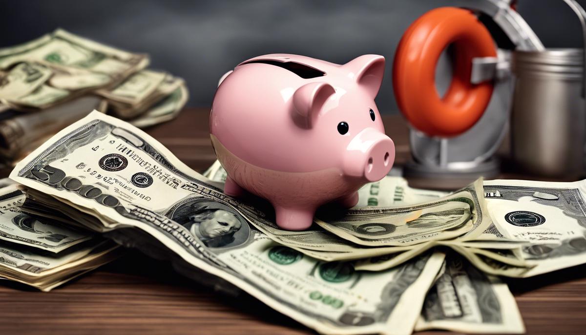 An image depicting the concept of building an emergency fund, showcasing a piggy bank filled with money and a lifebuoy symbolizing protection and security.