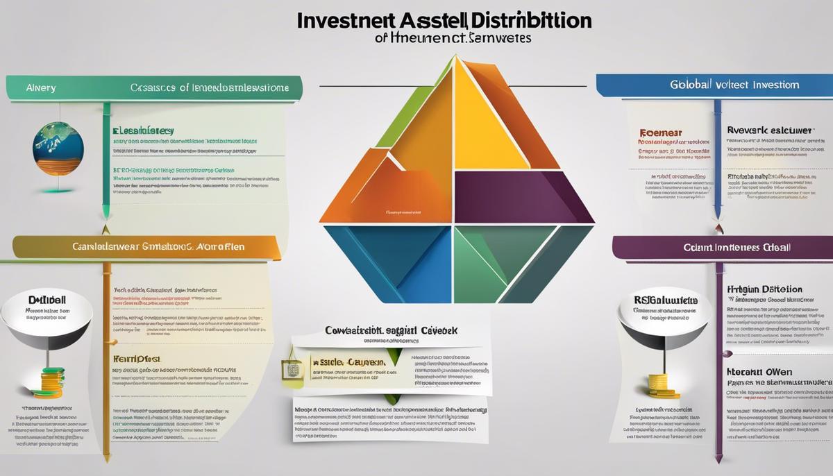 A diagram illustrating the different aspects of investment distribution, showing the balance between asset allocation, global investing, rebalancing, alternative investments, investing in oneself, estate planning, and patience.