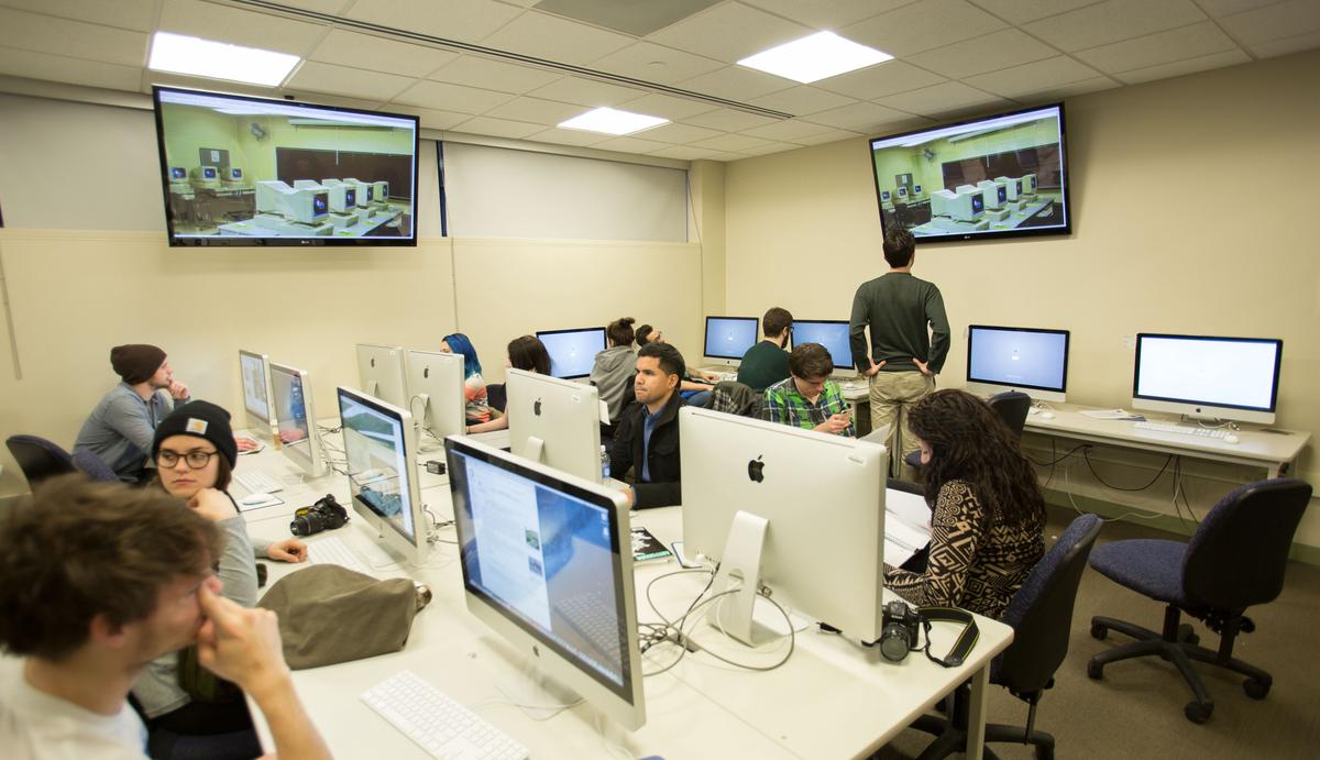 A split-screen image comparing on-campus and off-campus job environments for college students