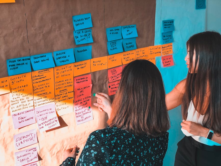 A diverse group of event planners brainstorming ideas on a whiteboard, surrounded by post-it notes and digital devices