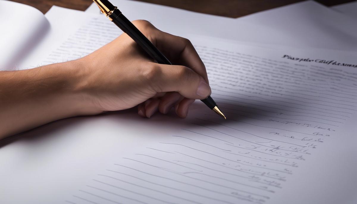A person writing on a paper with a pen, symbolizing the process of crafting an effective business plan.