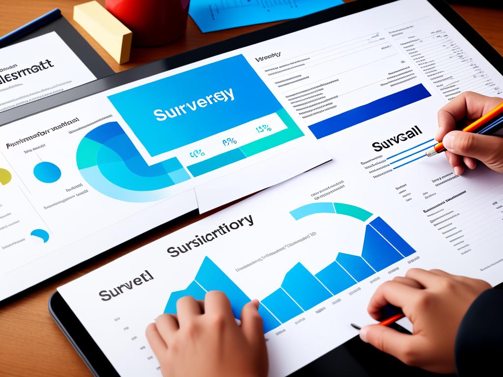 Image depicting the analysis of survey results with charts and statistical tools